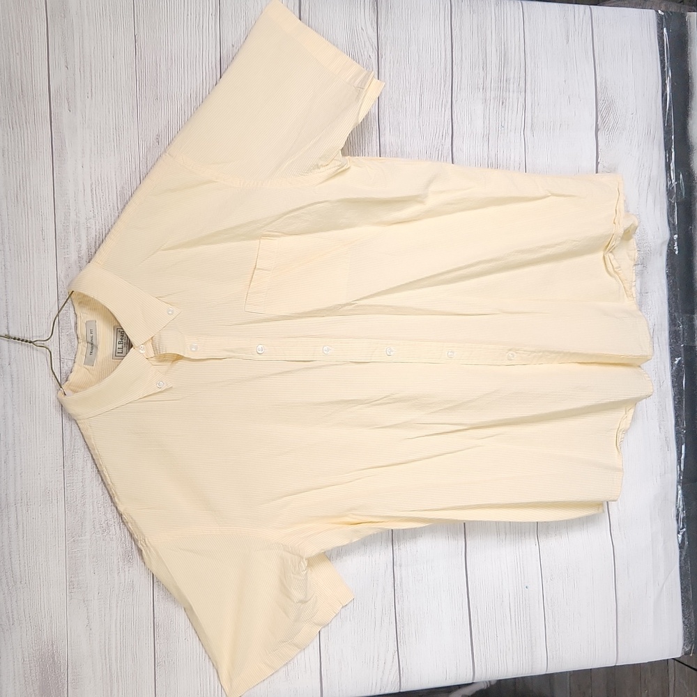 L.L.Bean yellow and white striped short sleeve button down